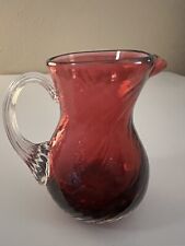 Vintage Cranberry Hand Blown Glass Small Pitcher w/ Applied Clear Glass Handle picture