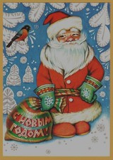 1992 Happy New Year SANTA BULLFINCH Christmas Gift ART Soviet Russian Postcard picture