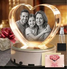 Large Heart 3D Crystal w/ Rotating LED Base, Custom Photo Gift for Mom,Memorial picture