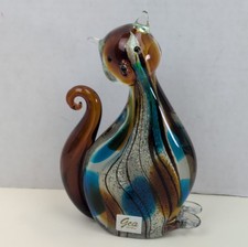 GCA Art Glass Cat Figurine Hand Blown Murano Style Blue Brown Swirl Sculpture  picture