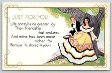 Greetings~Just For You Poem~Romantic Couple Under Tree~Gold~Emb~Vintage Postcard picture