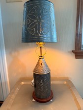 Vintage 2-Light Punched Tin Table Lamp Heart Tulip Shade Primitive Country picture