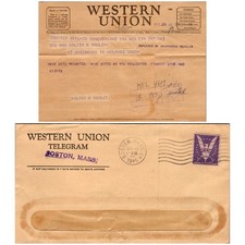 1945 Western Union Telegram Duplicate Dooley Melrose MA WWII Promoted Message 74 picture