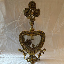 Vintage Goldtone Heart & Cherub Ormolu Perfume Bottle w/ Floral Stopper picture
