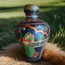 Vtg Indo-Raj Mughal Water Jug Vase Indian Hand Painted Hammered Metal Floral 10