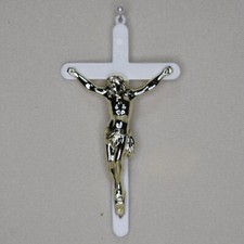 White Plastic Crucifix Cross W/Gold Jesus 4