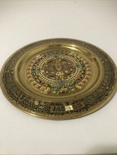 Vintage Mexican Mayan Aztec Brass Enamel Calendar Wall Hanging Plate Mexico 8” picture