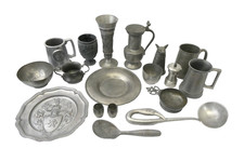 Vintage Pewter & Pewter Tone Metal Lot Mugs Plates Vases Ladle 20+ Pieces picture