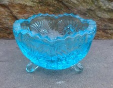 Round, Bright Blue Footed Glass Open Salt Dip, Cellar, Dish w/Scalloped Rim picture