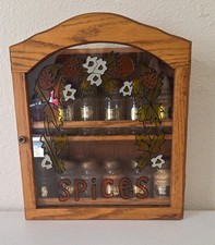1970s Vintage Oak Finish Stained Glass Wall Spice Shelf with Original Spices picture