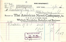 1923 American News Co. Book Dept. Billhead w/ payment stamp picture