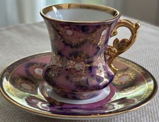 VTG Amethyst & Gold Demitasse Teacup Saucer Set Floral Gilt Porcelain Luster picture