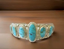Vintage Navajo Sterling Silver Cuff Bracelet with 7 Oval Turquoise Gemstones 56g picture