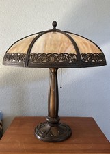 Early Antique Bradley & Hubbard ARTS & CRAFTS 3-Socket Slag Glass Panel Lamp picture