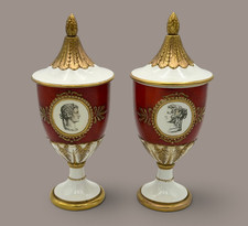 Large Vintage Pair Zaccagnini Italian Porcelain Urns Classical Cameo Medallions picture