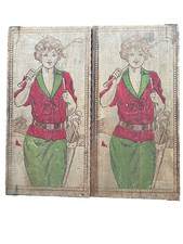 vintage pyrographic wooden box with lady golfer painted on hinged lids. picture