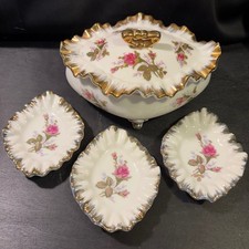 Vintage Japan Porcelain Rose Trinket Box and 3 Leaf Dishes Gold Gilt Set picture