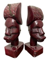 Vtge Hand Carved African Tribal Wooden Bookends Cherry Stained W/ Metal Details picture