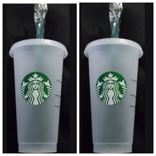 2x Starbucks Frost Reusable Cups Venti 24 oz Cold Drink W/Lids & Straws NEW picture