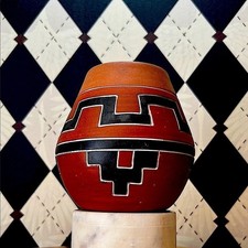 Vintage Redware Folk Pottery Vase Hand-Painted Geometric Tribal Design Primitive picture