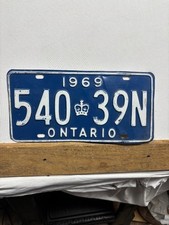 Vintage 1969 Ontario Canada License Plate Blue Metal Crown 540 39N picture