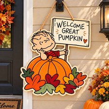Peanuts Linus Great Pumpkin Wooden Door Hanger Halloween Fall Front Door Decor picture