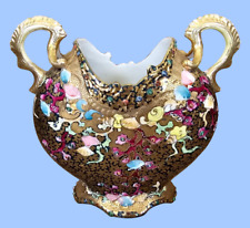 ANTIQUE NIPPON DOUBLE-HANDLE VASE ART NOUVEAU HAND-PAINTED SEASHELL BEADED GOLD picture