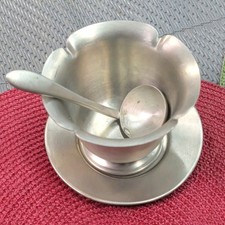Vintage Pfaltzgraff Handcrafted Pewter Scalloped Sauce Condiment Bowl & Ladle picture