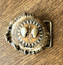 Vintage handmade Belt Buckle made from Elk Antler Burr & 2 Elk Tooth Trophy picture