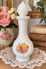 Vintage Avon Milk Glass Hobnail Roses Cologne Bottle Empty picture