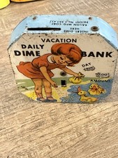 Vintage Kalon Little Girl Ducks Daily Dime Metal Coin Bank Original 1940-50’s picture