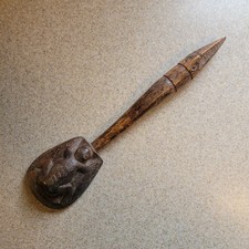 Old Carved Wood Rice Sheaf Paddle Panaptapan Frog Bird Figures Lombok Indonesia picture