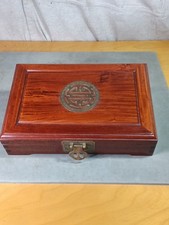 Vintage Chinese Rosewood Jewelry Box Dovetail Brass Shou Longevity Cork Lined picture