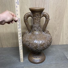 Vintage Embossed Floral Urn Vase Double Handle Chalkware Ceramic Brown Gold 20