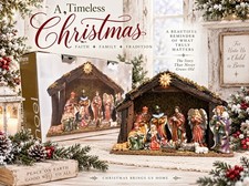 VTG Nativity Set 11 Piece Hand Painted W/ Glitter & Lighted Wooden Stable W/ Box picture