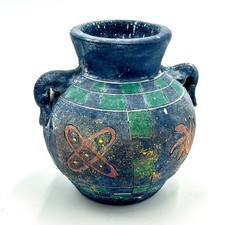 Vint Mid Century Studio Art Pottery Vase Handled Charcoal Atomic Sun 5 1/4