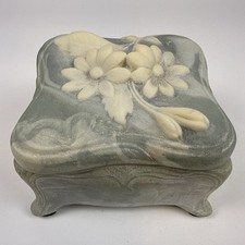 GENUINE INCOLAY STONE Jewelry Box Marbled Footed High Relief Floral Trinket picture