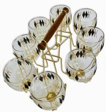 Vintage MCM Federal Harlequin Diamond Roly Poly Glasses & Caddy Set_8 Piece Set picture