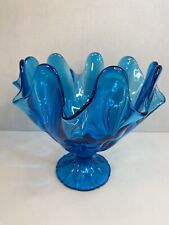 Vintage LE Smith Glass Handkerchief Vase Blue hand blown Pedestal Dish 7