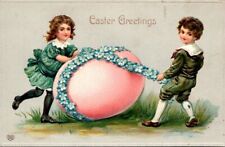 Antique Postcard Easter Greetings Victorian Children Flower Garland Egg  1908 picture