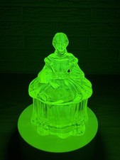 Mosser Vaseline Uranium Glass Victorian Lady Powder Jar Trinket Box Sticker Mint picture