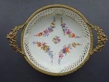 Max Roesler White Porcelain Lattice Bowl with Metallic Rim /Handles and Flowers picture