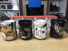 Japanese Artisan Handleless Tea Cups Tiger Dragon Storks Birds Odd Shaped picture