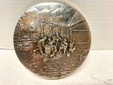 VINTAGE SILVER PLATE TRINKET BOX, DENMARK VILLAGE SCENE WITH RED VELVET LINING picture