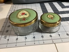 Vintage Pair Art Deco Vanity Glass Powder Jars Metal Lids Gold Tone picture