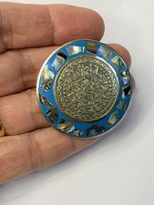 Vintage Blue Round Aztec Calendar Abalone and Alpaca Silver Pin or Pendant picture