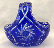 Bohemian Cobalt Blue Basket Cut to Clear Glass Crystal Vintage Dish Decor  picture