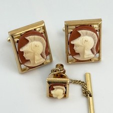 Vtg Roman Warrior Empire Cameo Cufflinks Tie Tack Set Gold Tone Gladiator picture