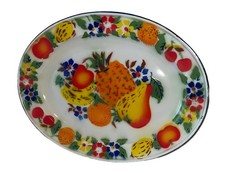 Vtg Retro MCM Metal Enamelware Oval Platter Fruit & Flowers 17.5
