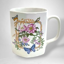 Vintage 1970s/1980s Japan Botanical Wild Rose and Butterfly Transferware Hex Mug picture